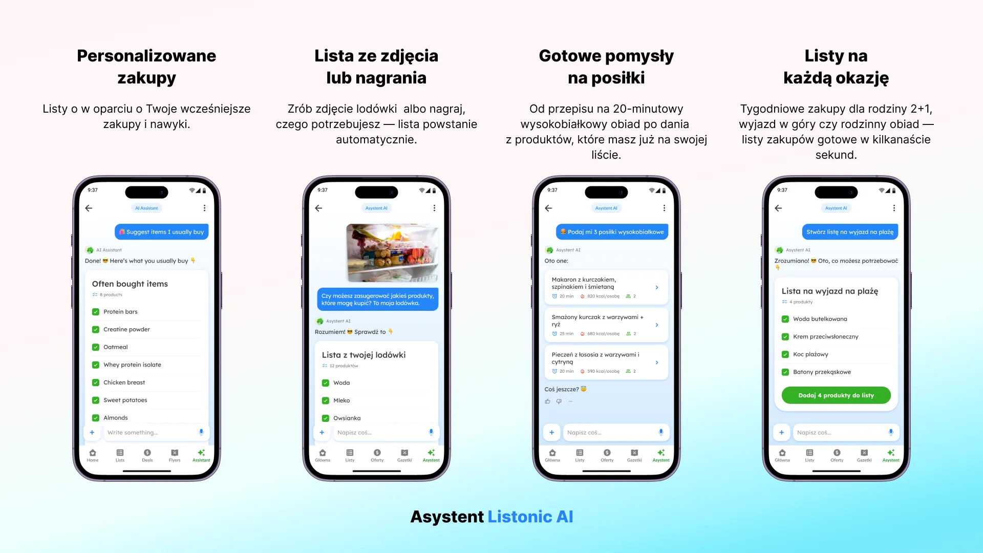 Infografika: cztery funkcje Asystenta Listonic AI, m.in. lista ze zdjęcia