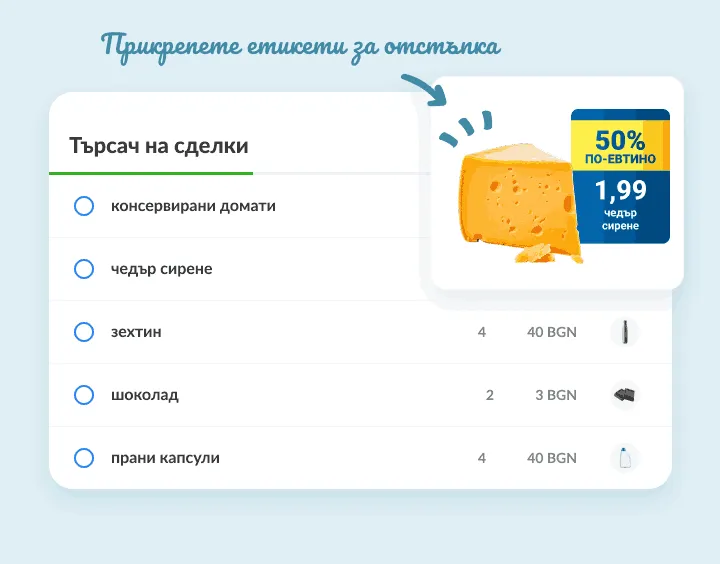 Сирене чедър в списък с оферти с прикачена снимка на етикет с отстъпка 50%