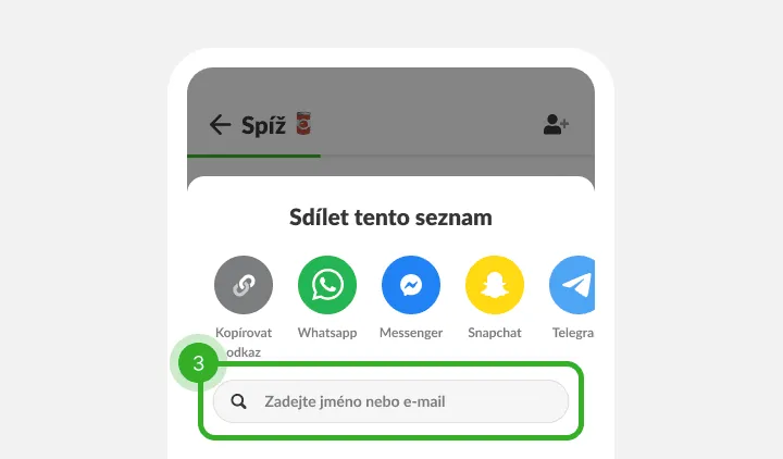 Nabídka sdílení s ikonami aplikací pro zprávy a polem pro jméno nebo e-mail
