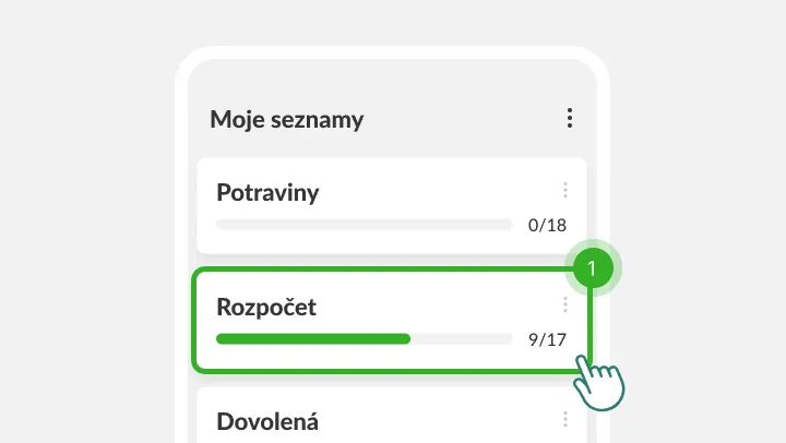 Obrazovka Moje seznamy se zvýrazněným seznamem Rozpočet, na který ťuká prst