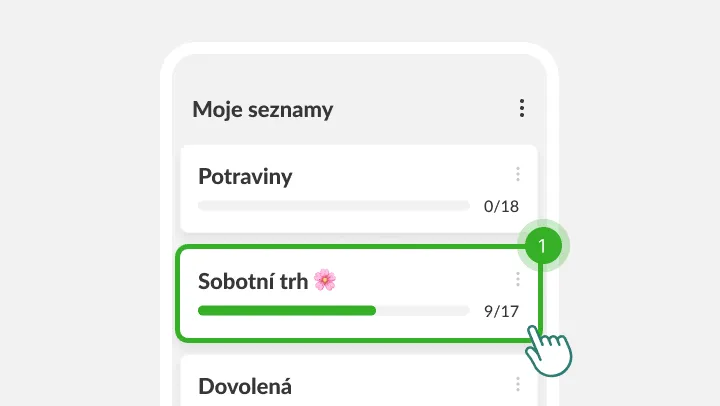 Obrazovka Moje seznamy se zvýrazněným seznamem Sobotní trh, na který ťuká prst
