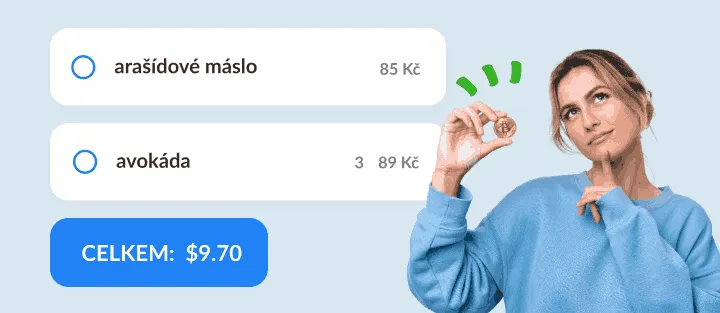 Zamyšlená žena s mincí vedle dvou položek seznamu s cenami a jejich součtem