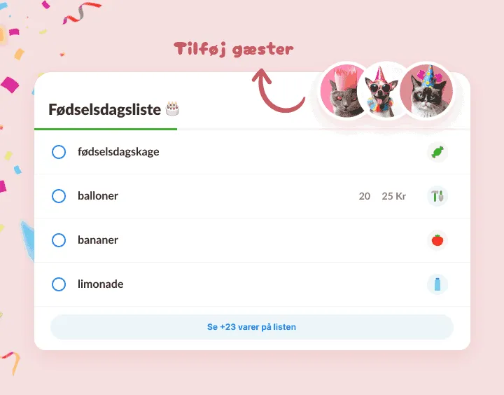 Fødselsdagsliste med kage, balloner og limonade, og kæledyr med festhatte