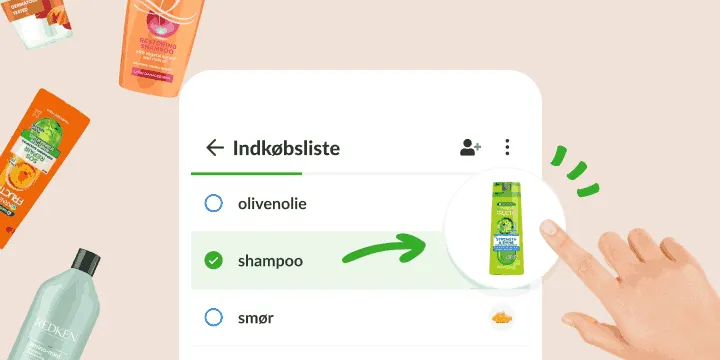 Indkøbsliste, hvor en afkrydset shampoo åbner et foto af præcis den flaske