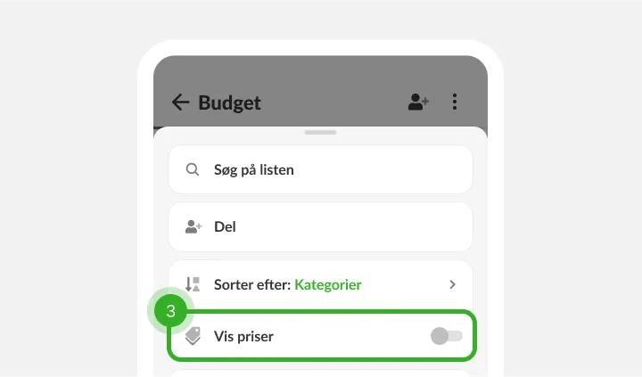 Listemenu med søg, del og sortér og en priskontakt, der stadig er slået fra