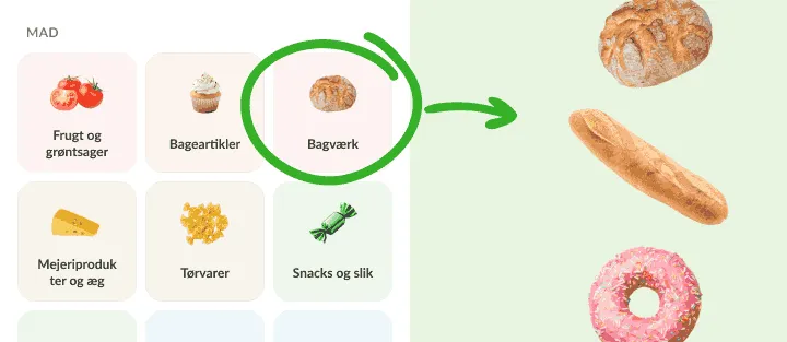 Madkategorier, hvor Bagværk er markeret, ved siden af brød, baguette og donut