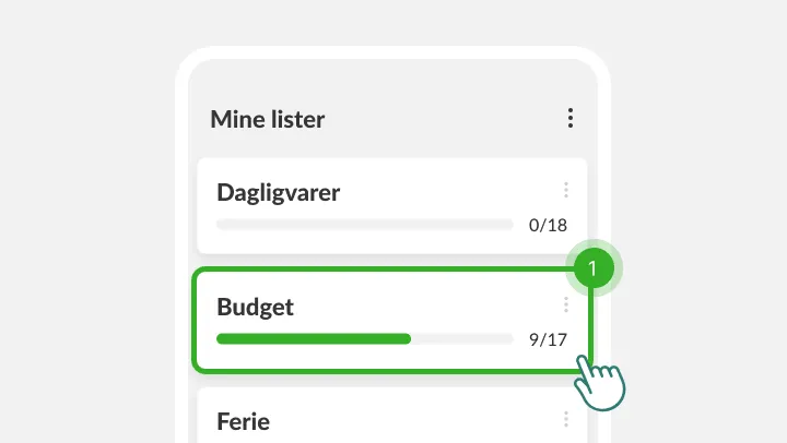 Skærmen Mine lister med listen Budget fremhævet under en trykkende finger