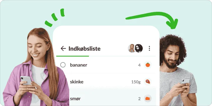 En kvinde og en mand med deres telefoner og en indkøbsliste, de deler