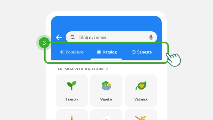 Søgeskærm for varer med de tre faner markeret som trin tre over kategorierne