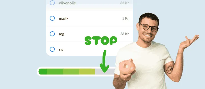 Smilende mand med en sparegris ved en liste og en næsten fuld forbrugsbjælke