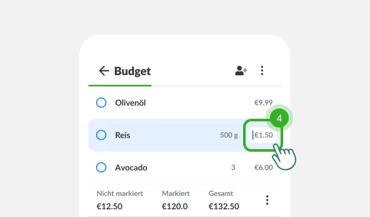 Ein Finger tippt auf das Preisfeld neben Reis, darunter die Summen der Liste