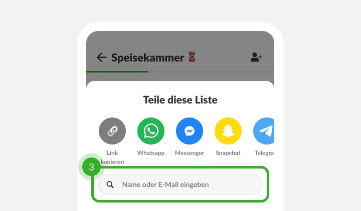 Teilen-Menü mit Symbolen von Messenger-Apps und Suchfeld für Name oder E-Mail