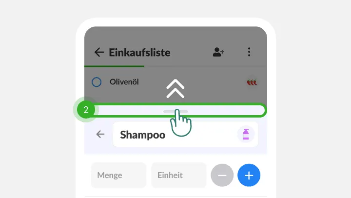 Ein Finger zieht das Detailfenster zum Shampoo über der Einkaufsliste nach oben