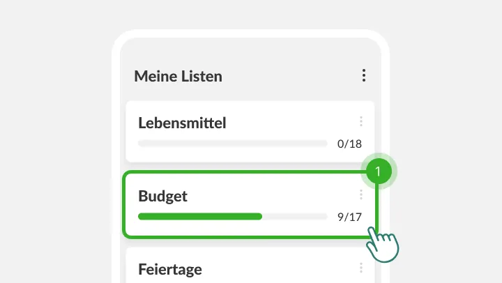Bildschirm Meine Listen, die Liste Budget markiert unter einem tippenden Finger