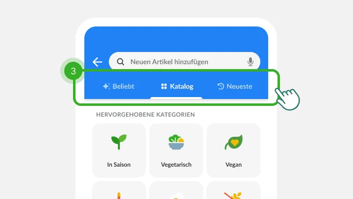 Artikelsuche mit ihren drei Tabs, markiert als Schritt 3, über den Kategorien