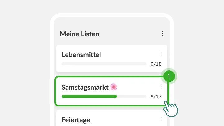 Bildschirm Meine Listen, Samstagsmarkt markiert unter einem tippenden Finger