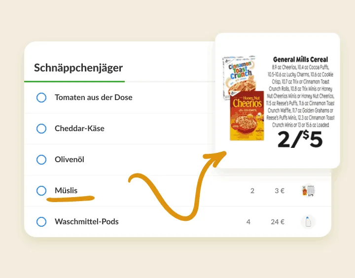 Müslis auf einer Angebotsliste, verknüpft mit einem Prospektausschnitt