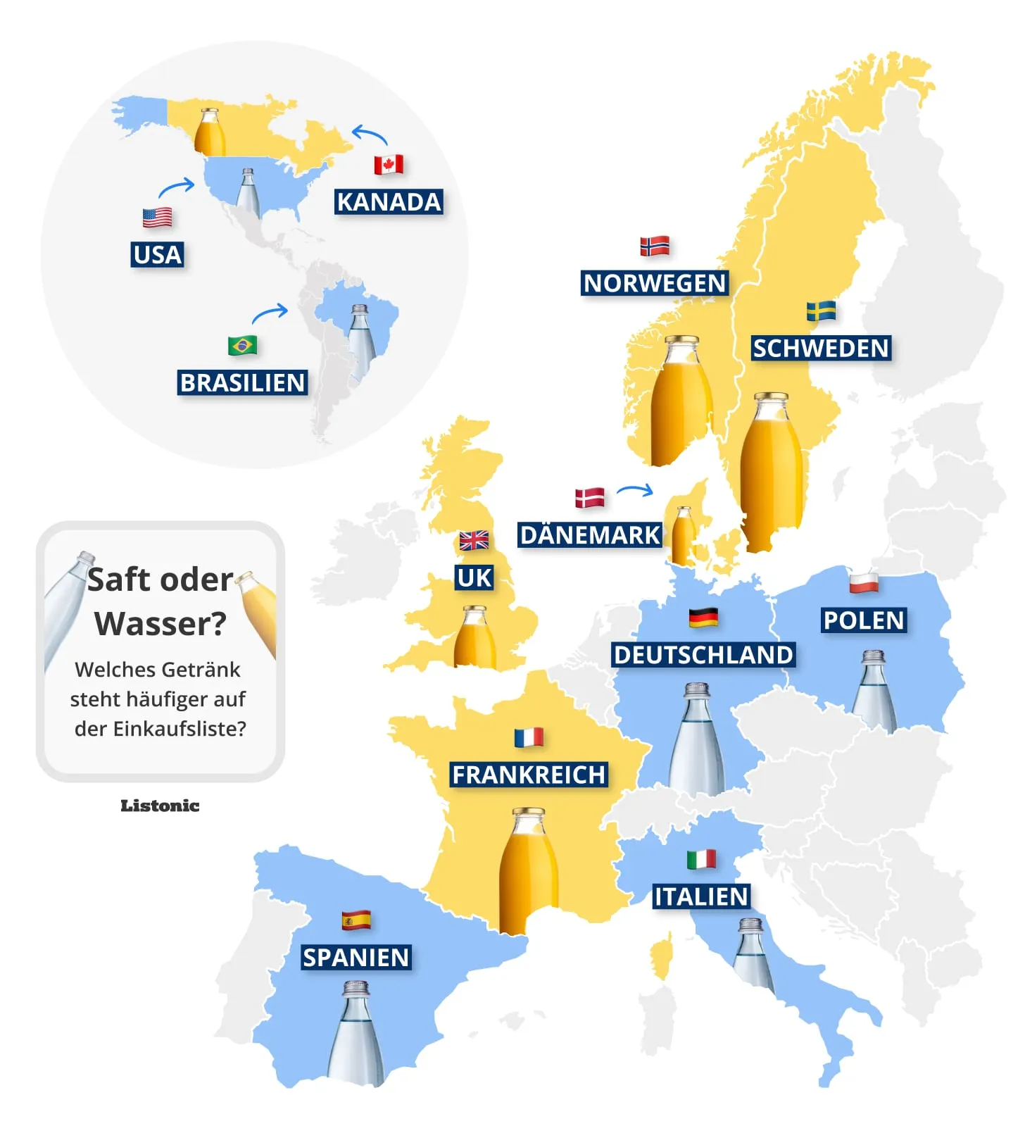 Karte: Wasser liegt in Deutschland vorn, Saft dagegen in Frankreich und Kanada