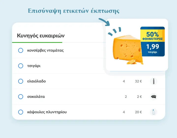 Τυρί τσένταρ σε λίστα προσφορών με συνημμένη φωτογραφία ετικέτας έκπτωσης 50%