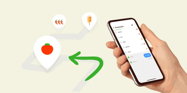 Hand holding a phone with a shopping list beside map pins for food aisles
