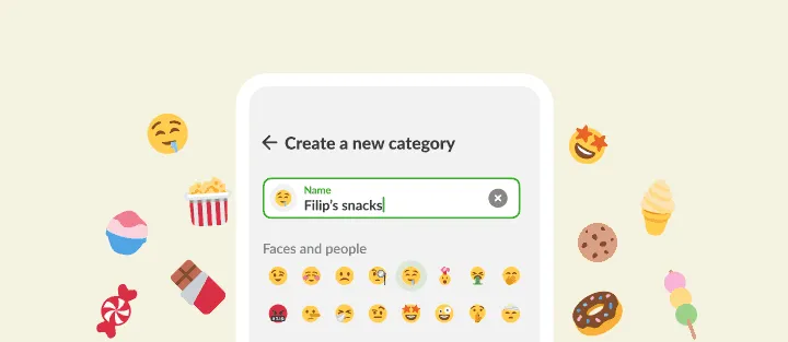 New category screen with a custom snacks name and an emoji picker, amid sweets