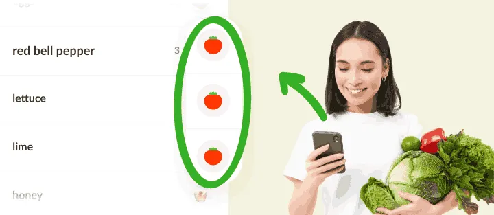 Woman holding vegetables and a phone, next to list items sharing a produce icon