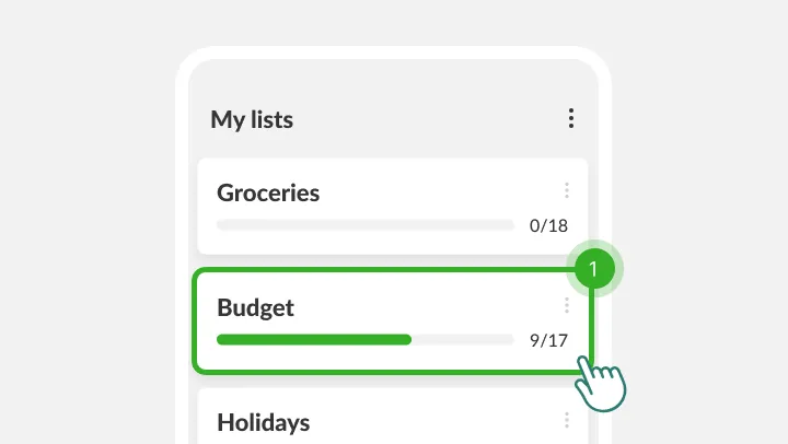 My lists screen with the budget list highlighted under a tapping finger