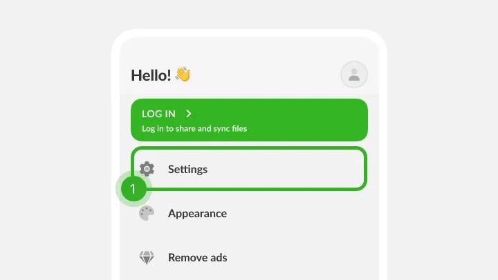 Profile menu with a login banner and the gear icon row marked as step one