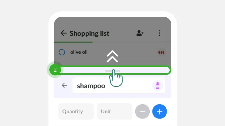 A finger drags the shampoo details panel upward over the shopping list