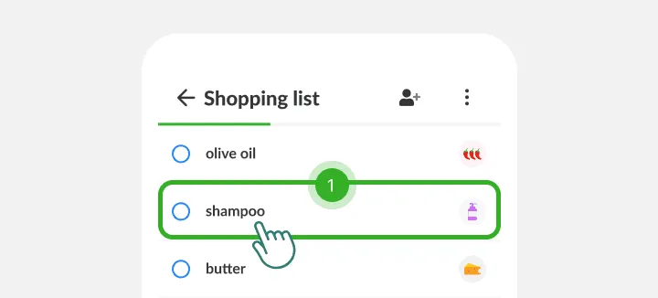 A finger taps the shampoo item between olive oil and butter on a shopping list