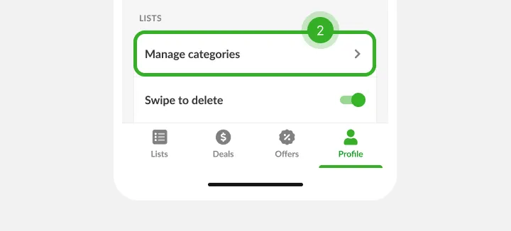 Settings screen with a list options row marked as step two above the tab bar