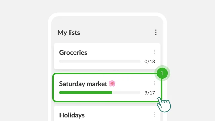 My lists screen with the Saturday market list highlighted under a tapping finger