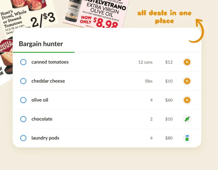 Deals list over store flyers, with discounted items marked by a percent icon