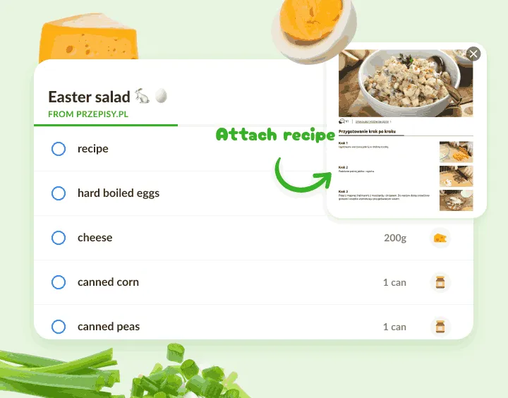 Salad list of eggs, cheese, corn and peas with a recipe page preview attached
