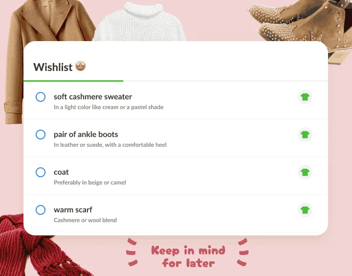 Clothing wishlist of a sweater, boots, a coat and a scarf, each with a note