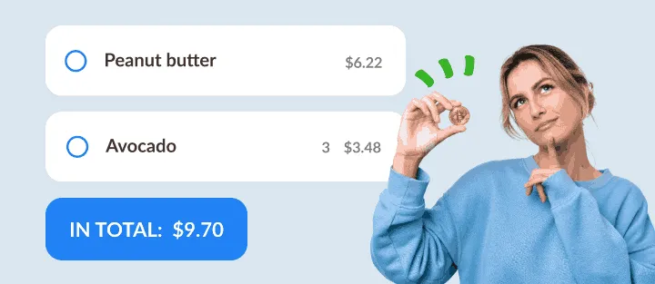 Thoughtful woman with a coin beside two list items with prices and their sum