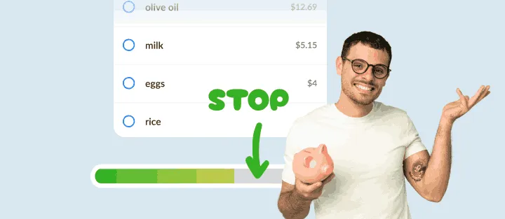 Smiling man with a piggy bank beside a list and a nearly full spending bar