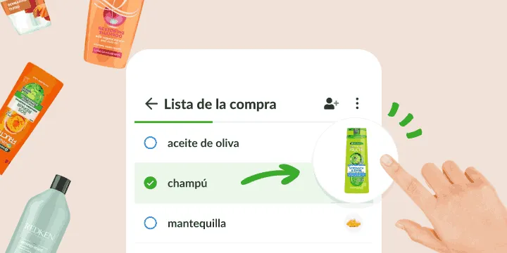 Lista de la compra donde el champú marcado abre una foto del bote exacto