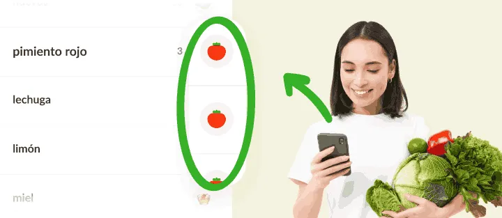 Mujer con verduras y un móvil junto a artículos con el mismo icono de verduras