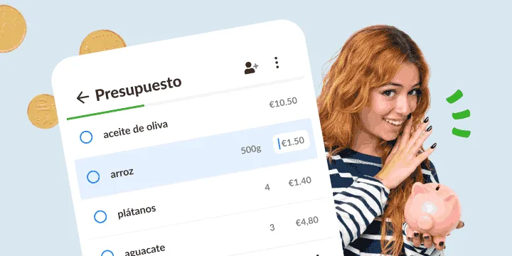 Mujer sonriente con una hucha junto a una lista Presupuesto con precios