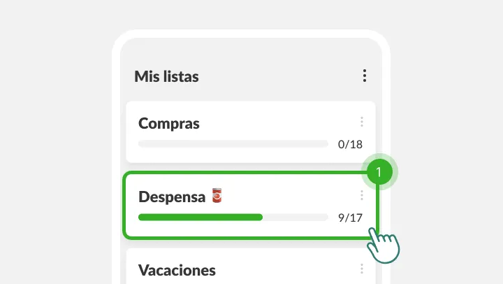Pantalla Mis listas con la lista Despensa resaltada bajo un dedo que la toca