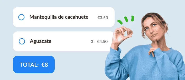 Mujer pensativa con una moneda junto a dos artículos con precios y su suma