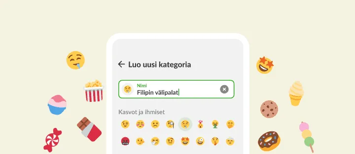 Uuden luokan näkymä, oma välipalanimi ja emojivalitsin, ympärillä herkkuja