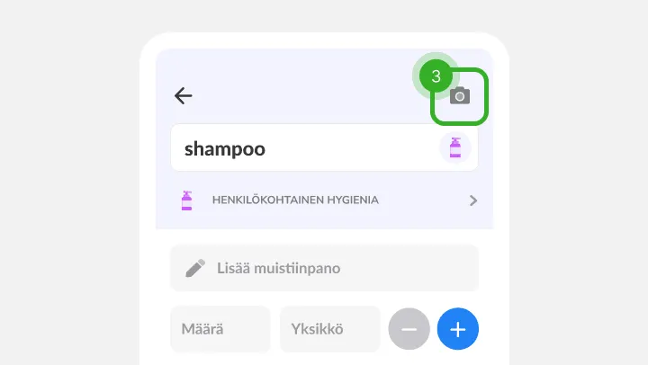 Shampoon tiedot, muistiinpano- ja määräkentät sekä merkitty kulmakuvake