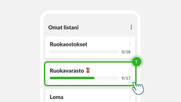 Omat listani -näkymä, sormi napauttaa korostettua Ruokavarasto-listaa