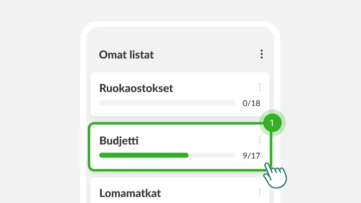 Omat listat -näkymä, sormi napauttaa korostettua Budjetti-listaa