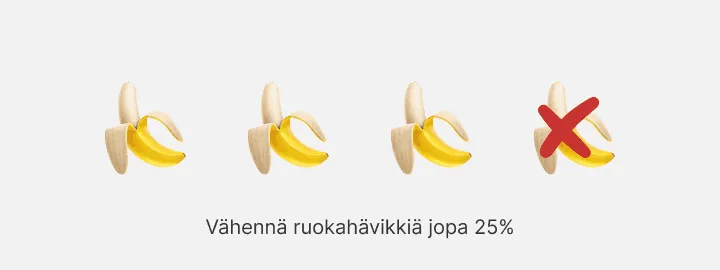 Neljä kuorittua banaania rivissä, viimeinen yliviivattu punaisella
