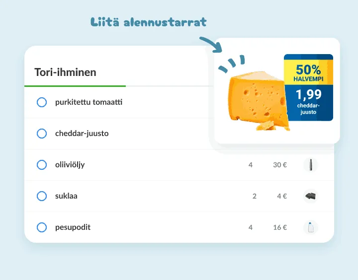 Cheddar-juusto tarjouslistalla, liitteenä kuva puoleen hintaan -hintalapusta