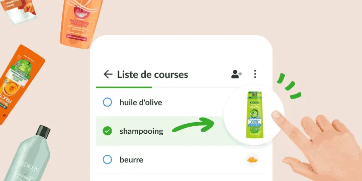 Liste de courses où le shampooing coché ouvre la photo du flacon exact