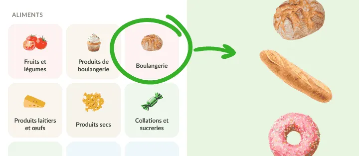 Catégories Aliments, Boulangerie entourée, près de pain, baguette et donut